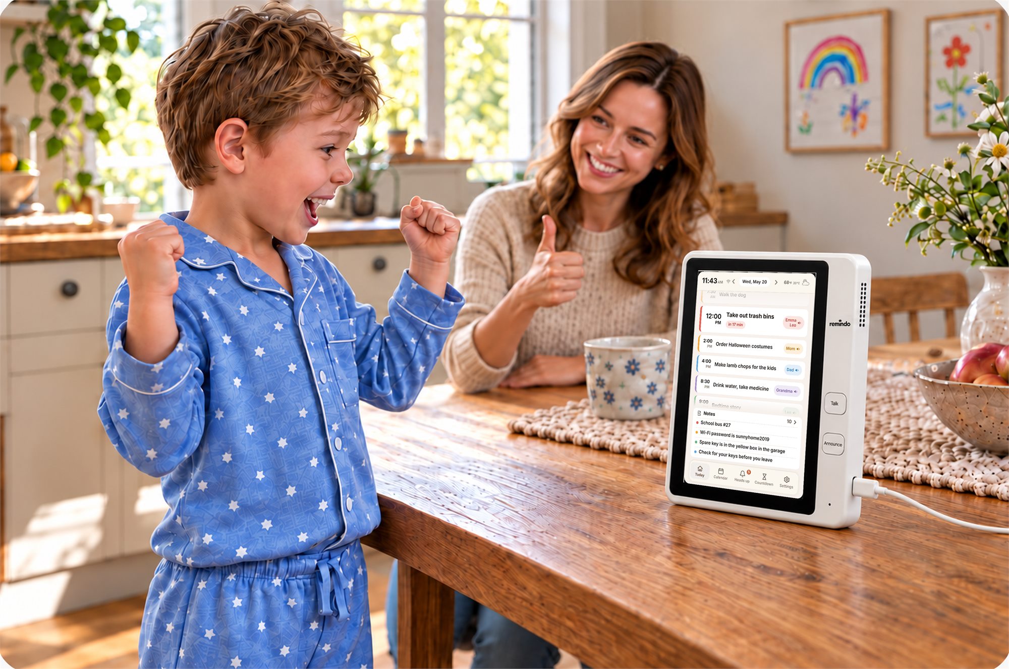 A boy in pajamas cheers after setting a reminder for his own package by voice while his mother gives him a thumbs up; the Remindo device stands on the kitchen table