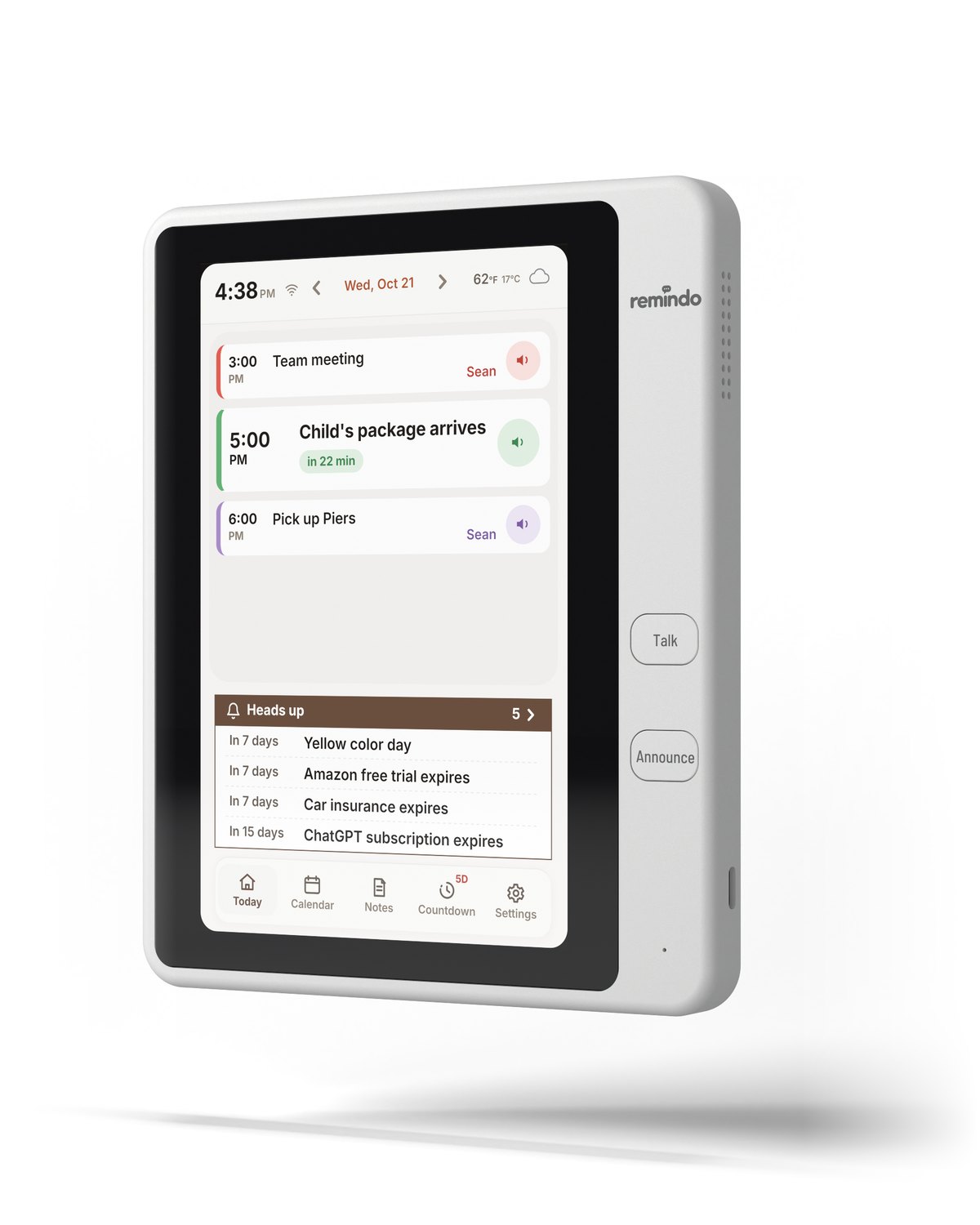Remindo, a white countertop family calendar with an 8-inch touchscreen and Talk and Announce buttons