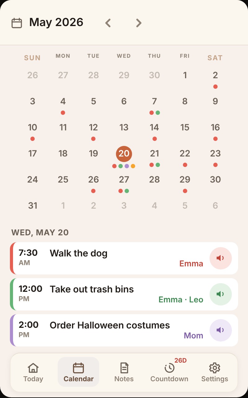 Remindo Calendar screen: the month at a glance with the day's reminders below