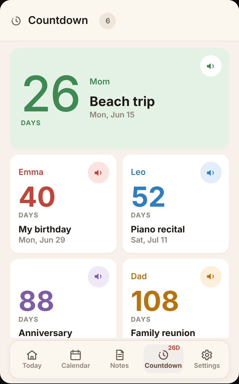 Remindo Countdown screen: days left until family events