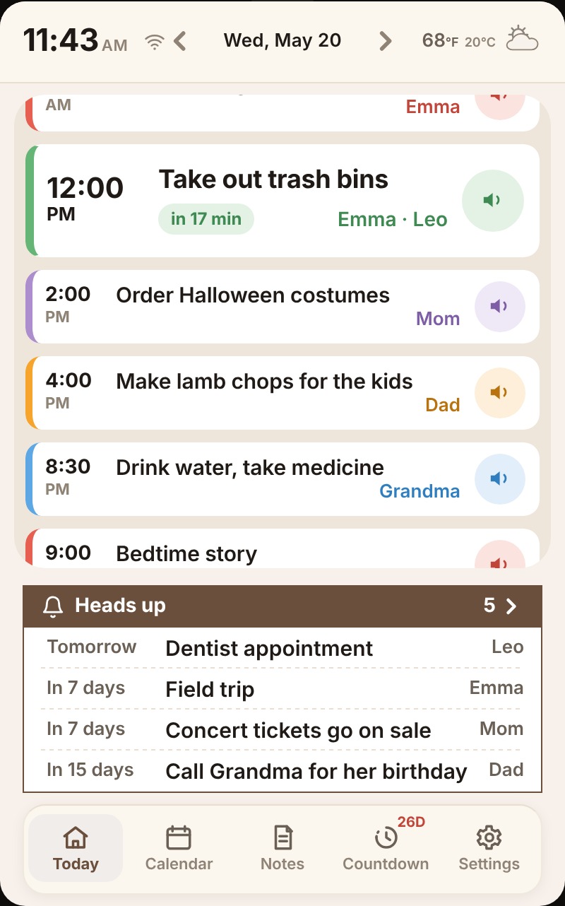Remindo Today screen with the family's reminders