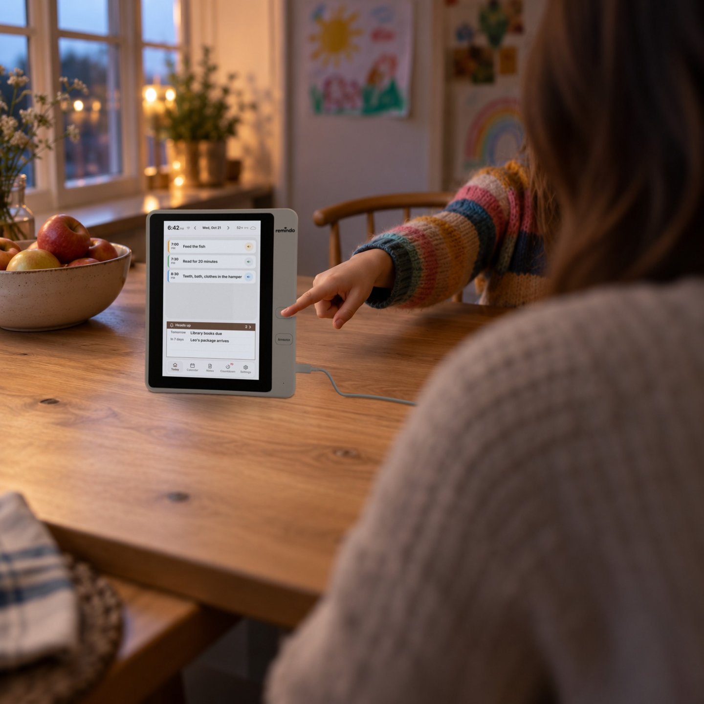 A child reaches across the table and presses Talk on Remindo.