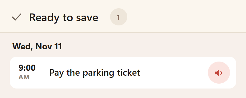 Remindo Ready to save screen: Wed, Nov 11, 9:00 AM, Pay the parking ticket, with Cancel and Confirm