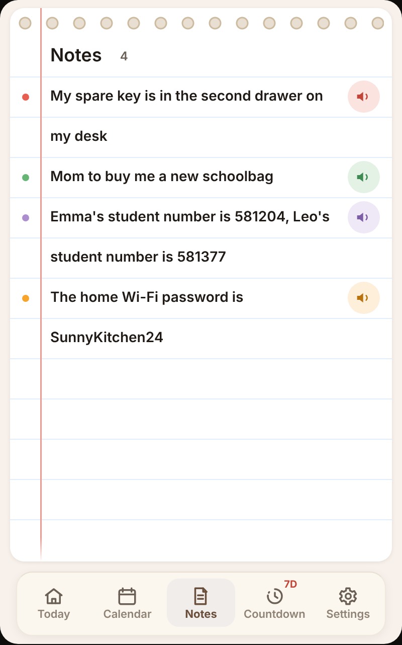Remindo Notes screen: My spare key is in the second drawer on my desk